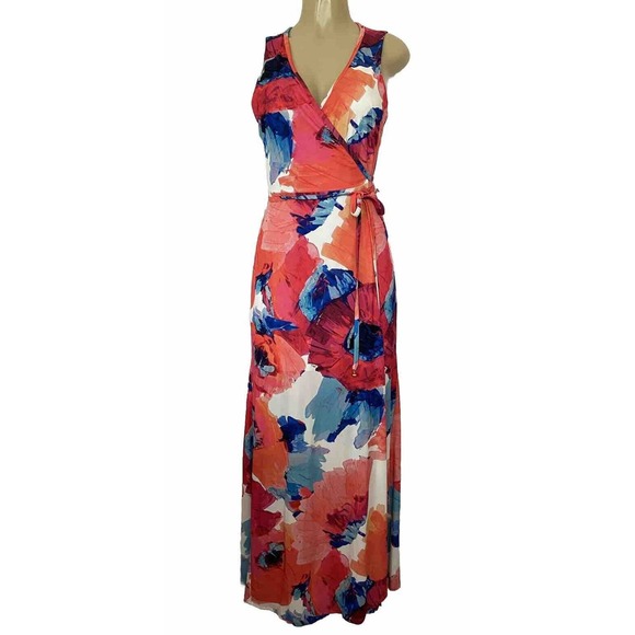 Trina Turk Maxi Floral Wrap Dress Sleeveless V Neck Red Blue Full Length… - Picture 1 of 8